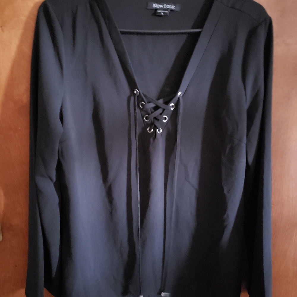 Black v neck lace front shirt